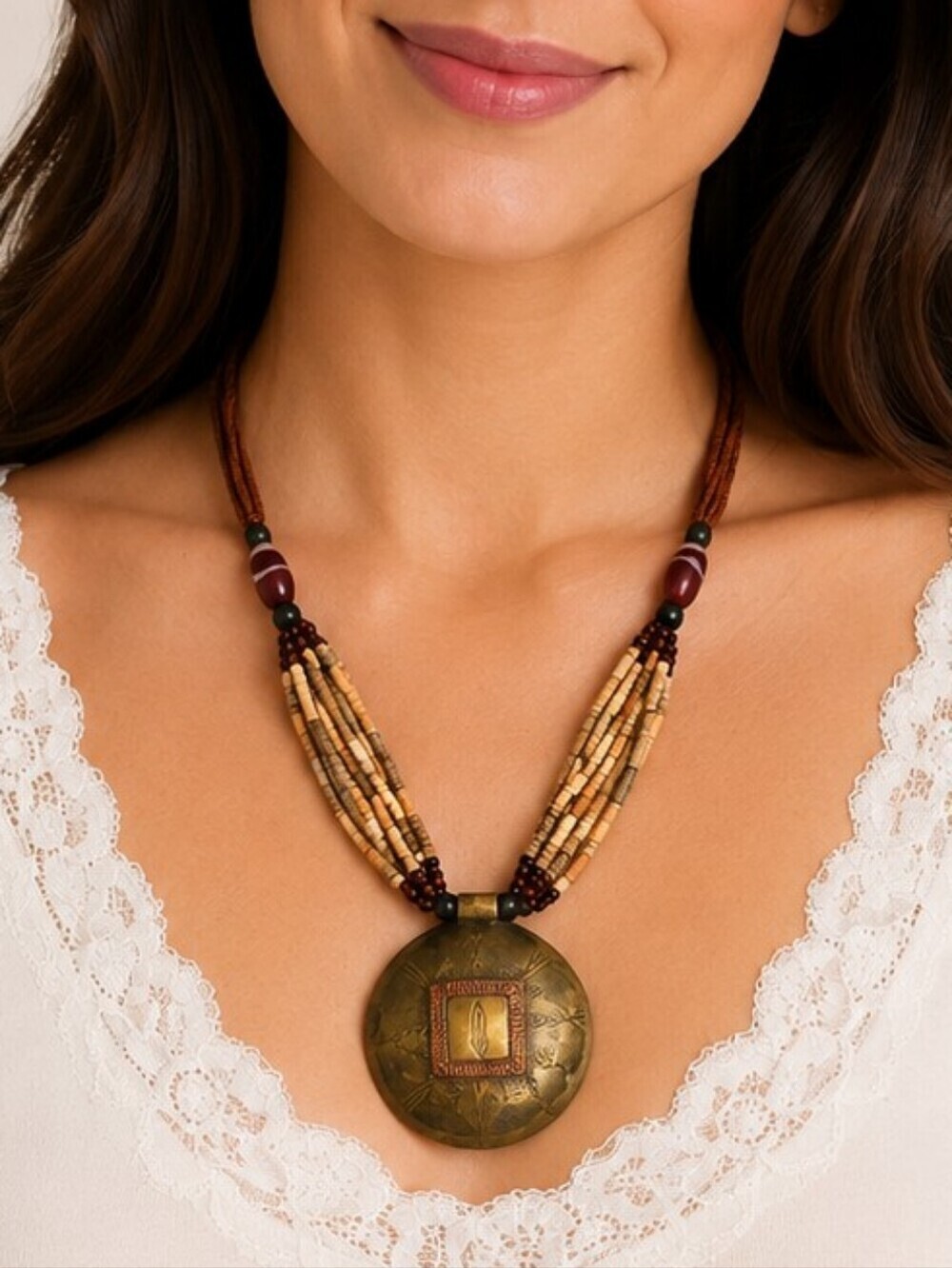 Tibetan Brass Copper Engraved Dome Circle Pendant Multi-strand Beaded Necklace